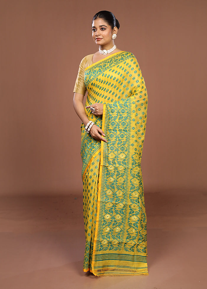 Yellow Jamdani Cotton Saree Without Blouse Piece