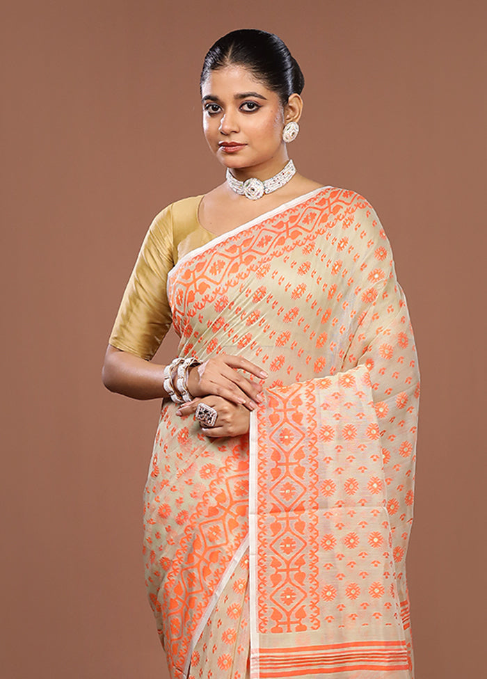 White Jamdani Cotton Saree Without Blouse Piece