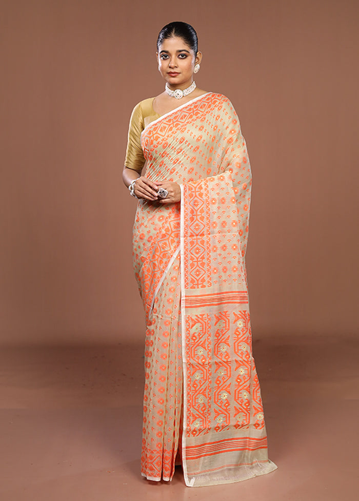 White Jamdani Cotton Saree Without Blouse Piece