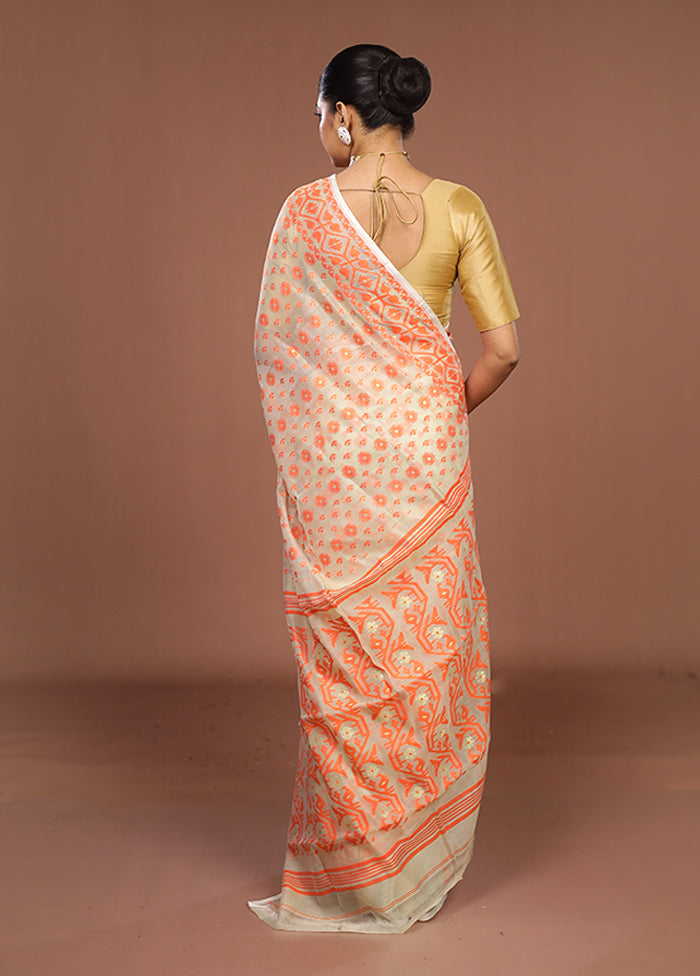White Jamdani Cotton Saree Without Blouse Piece