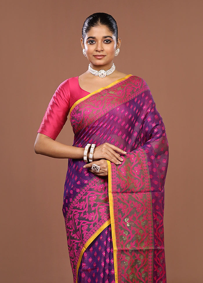 Purple Jamdani Cotton Saree Without Blouse Piece