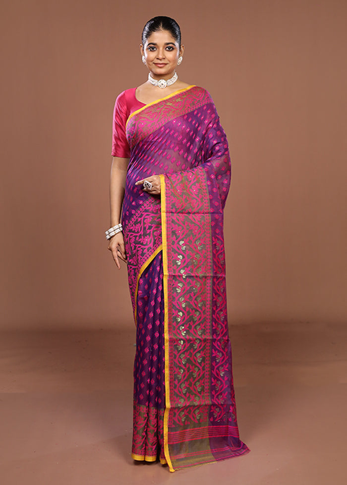Purple Jamdani Cotton Saree Without Blouse Piece