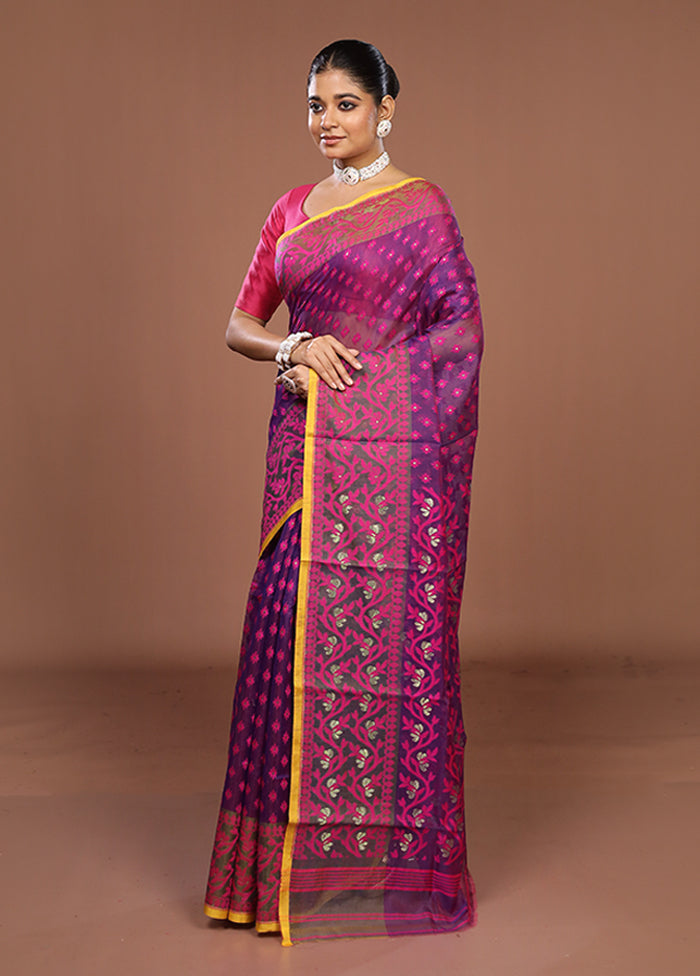 Purple Jamdani Cotton Saree Without Blouse Piece