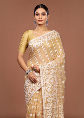 Cream Jamdani Cotton Saree Without Blouse Piece