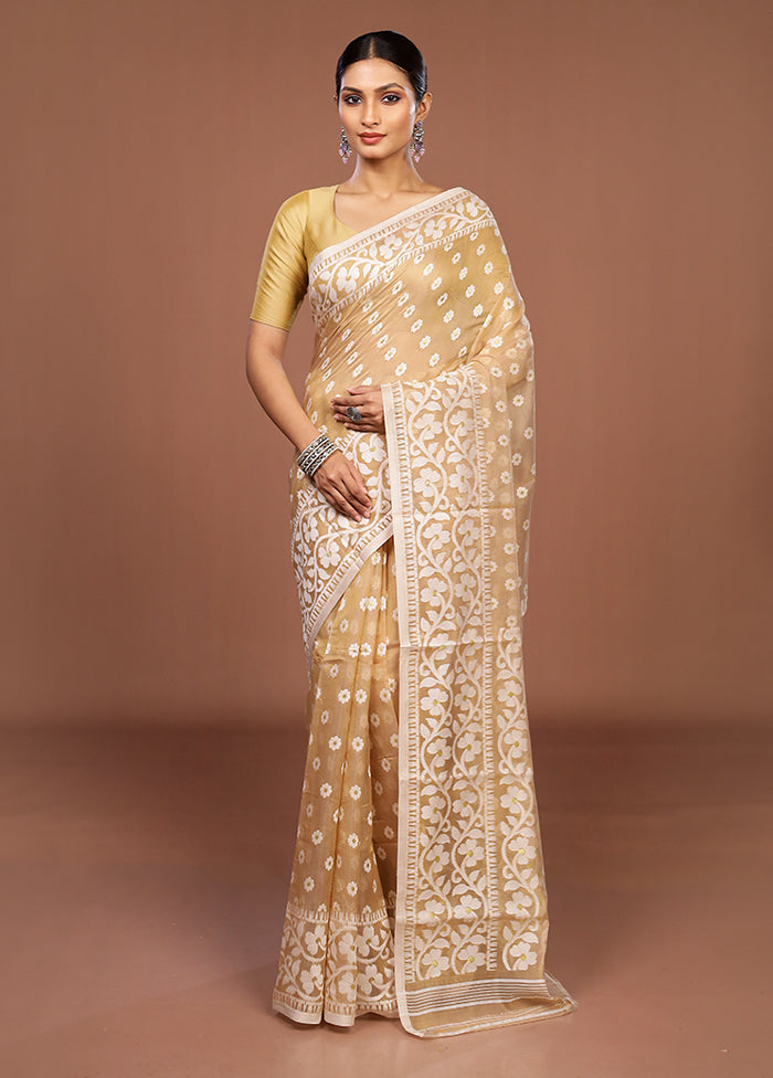 Cream Jamdani Cotton Saree Without Blouse Piece