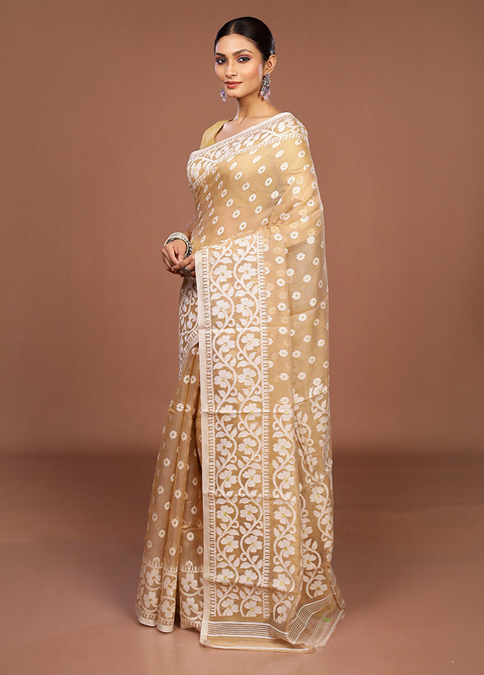 Cream Jamdani Cotton Saree Without Blouse Piece