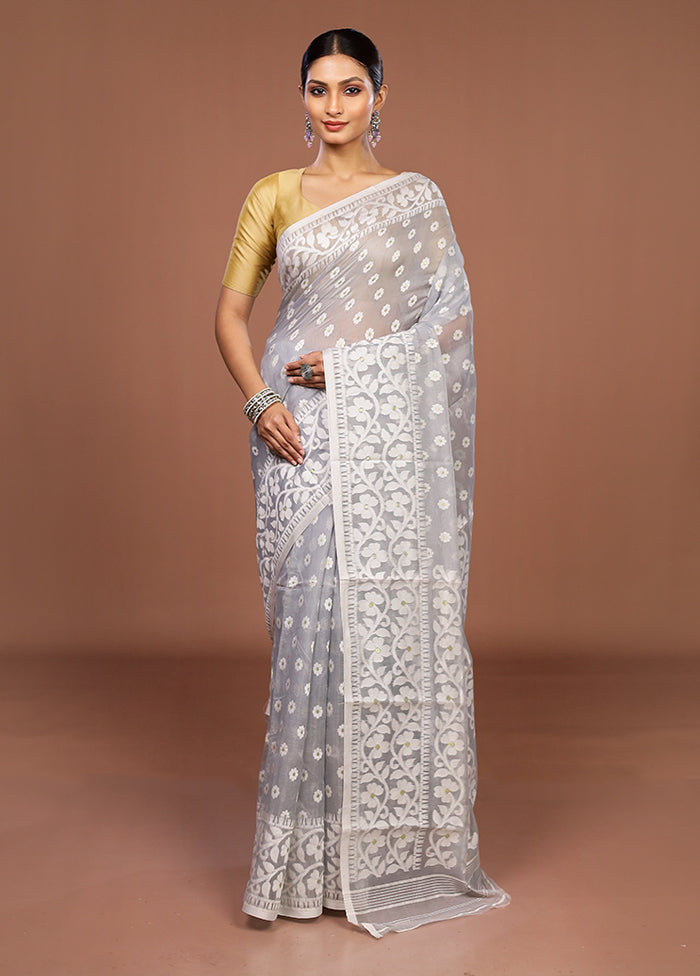 Grey Jamdani Cotton Saree Without Blouse Piece