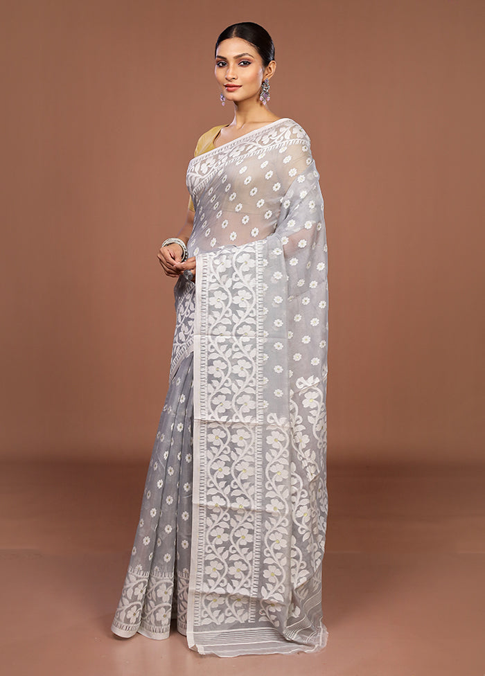 Grey Jamdani Cotton Saree Without Blouse Piece