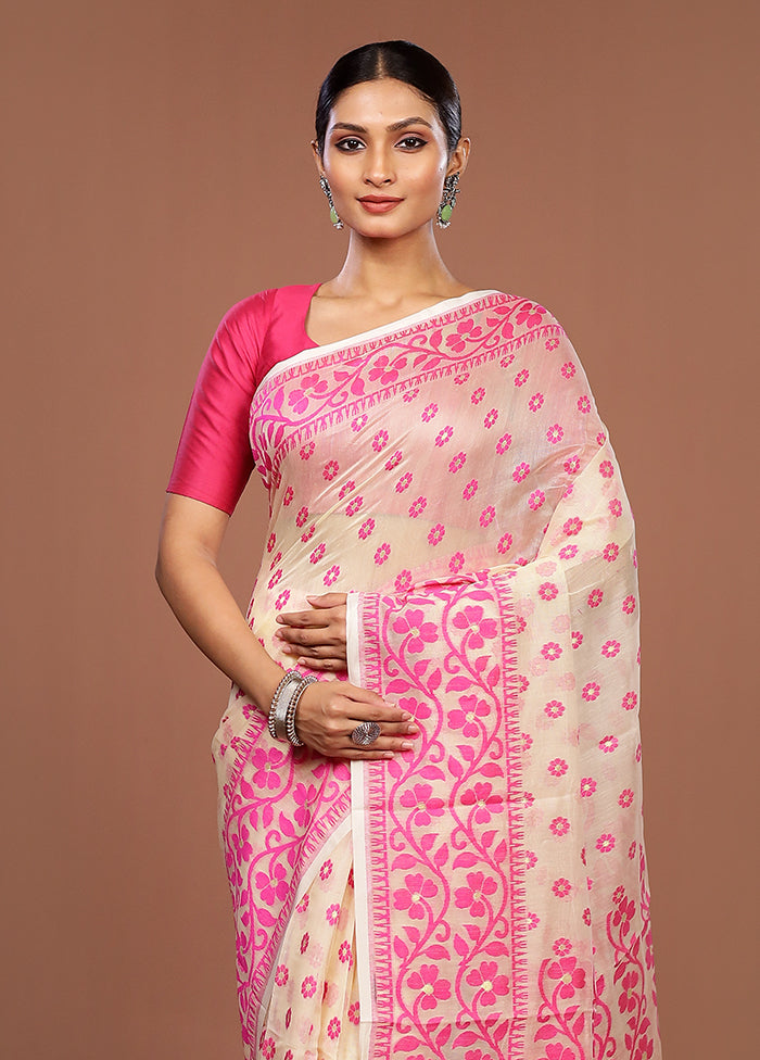 Cream Jamdani Cotton Saree Without Blouse Piece