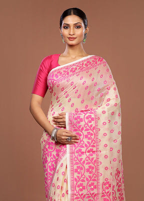 Cream Jamdani Cotton Saree Without Blouse Piece