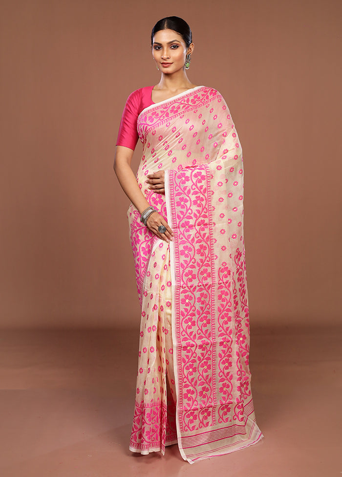 Cream Jamdani Cotton Saree Without Blouse Piece