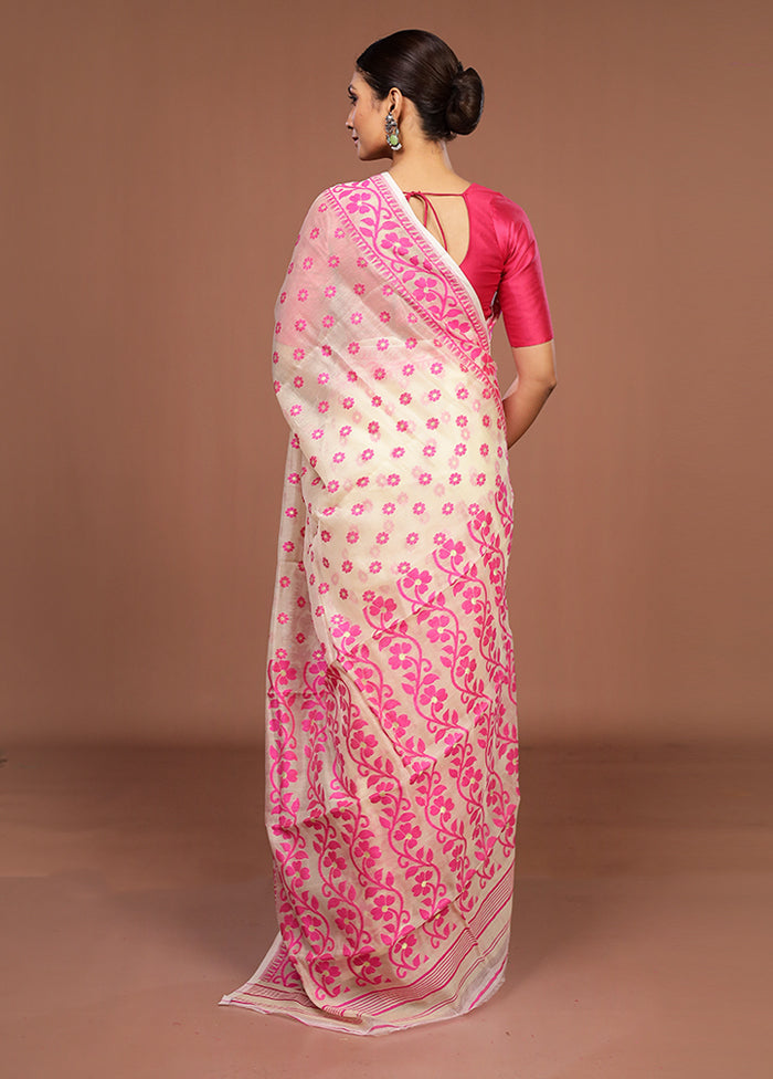 Cream Jamdani Cotton Saree Without Blouse Piece