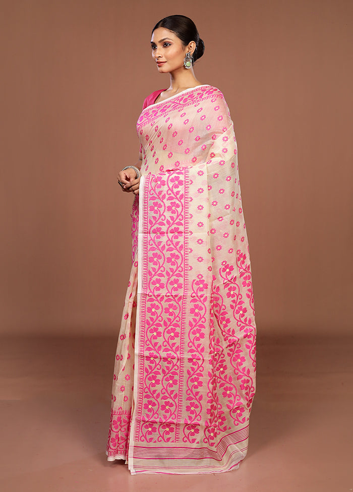 Cream Jamdani Cotton Saree Without Blouse Piece