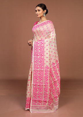 Cream Jamdani Cotton Saree Without Blouse Piece