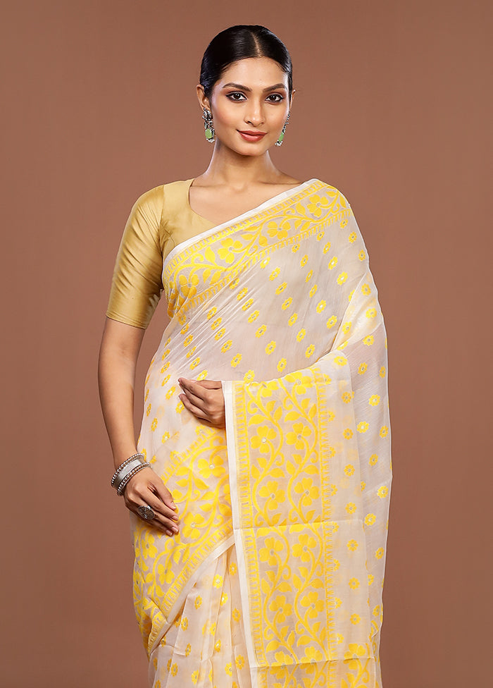 White Jamdani Cotton Saree Without Blouse Piece