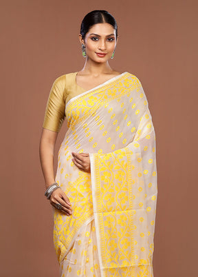 White Jamdani Cotton Saree Without Blouse Piece