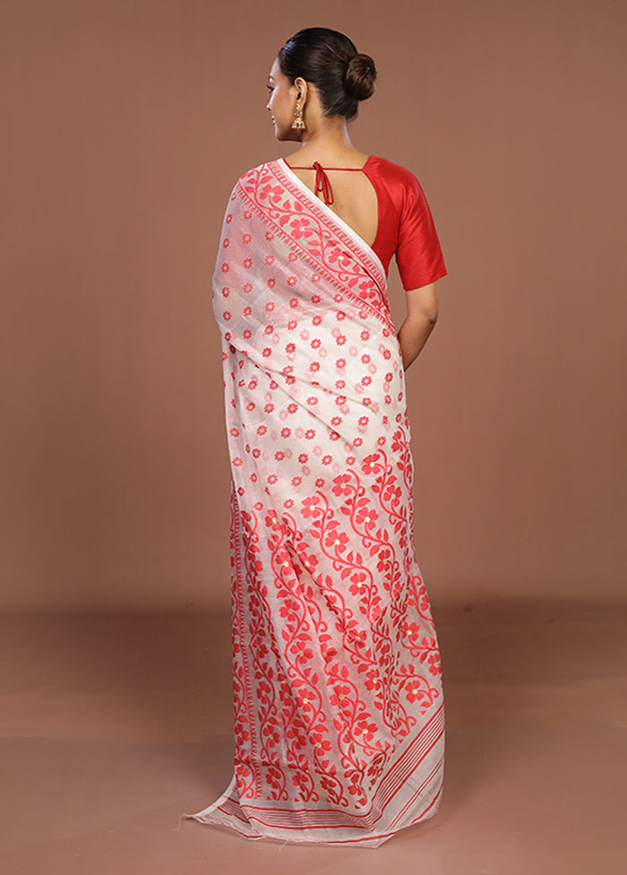 White Jamdani Cotton Saree Without Blouse Piece