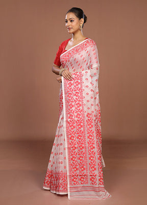 White Jamdani Cotton Saree Without Blouse Piece
