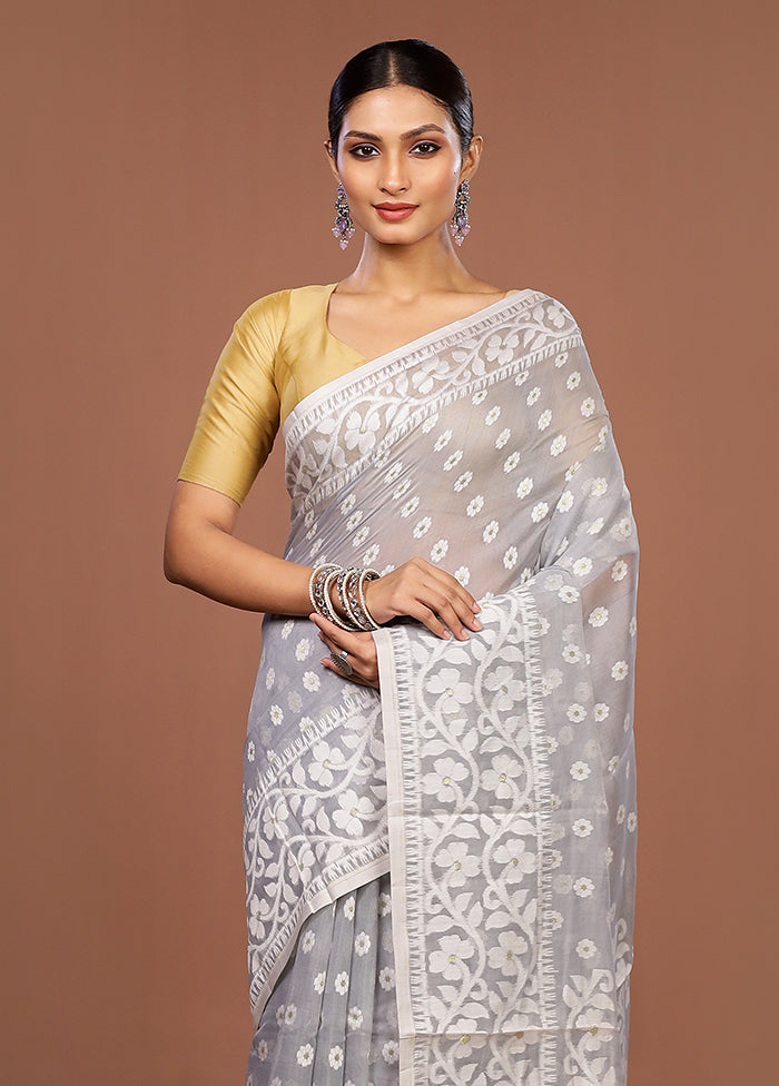Grey Jamdani Cotton Saree Without Blouse Piece