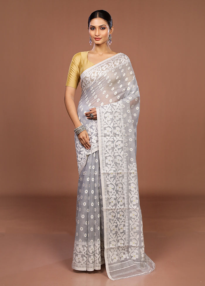 Grey Jamdani Cotton Saree Without Blouse Piece