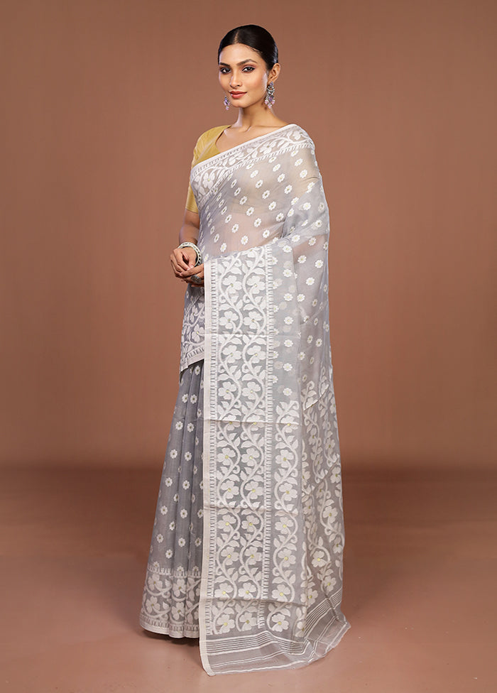 Grey Jamdani Cotton Saree Without Blouse Piece