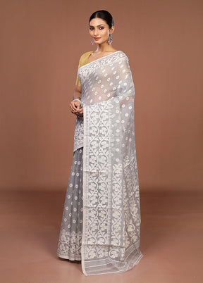 Grey Jamdani Cotton Saree Without Blouse Piece