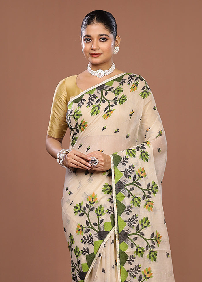 Cream Jamdani Cotton Saree Without Blouse Piece