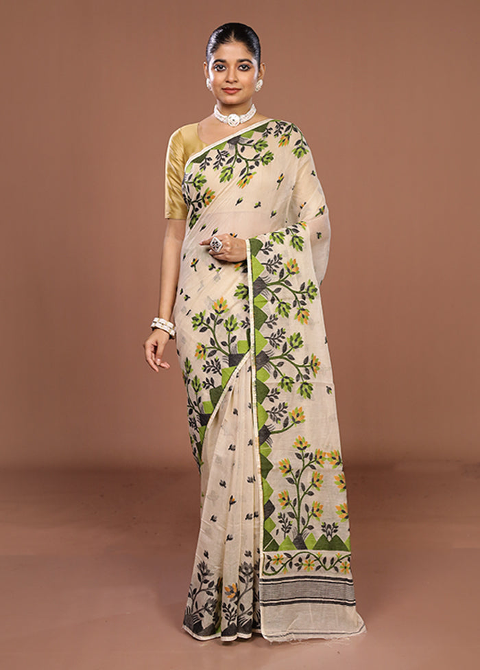 Cream Jamdani Cotton Saree Without Blouse Piece