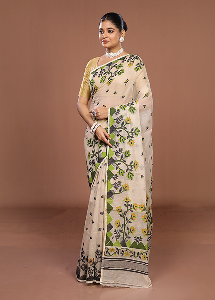 Cream Jamdani Cotton Saree Without Blouse Piece