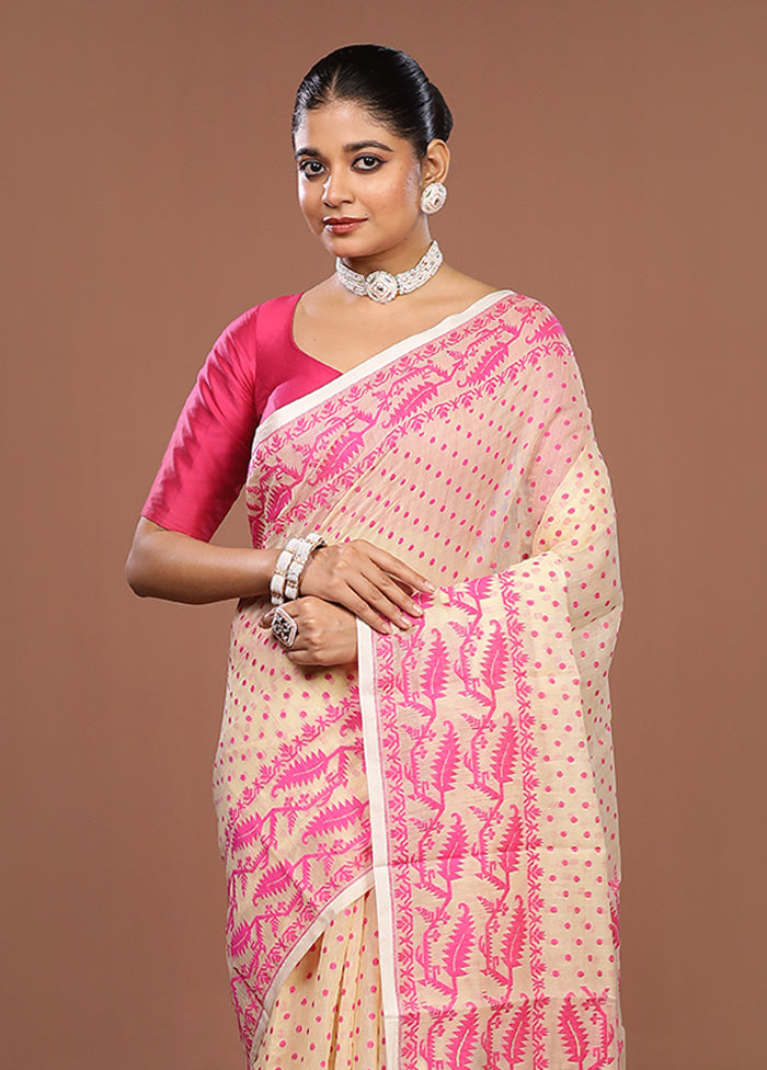 Cream Jamdani Cotton Saree Without Blouse Piece