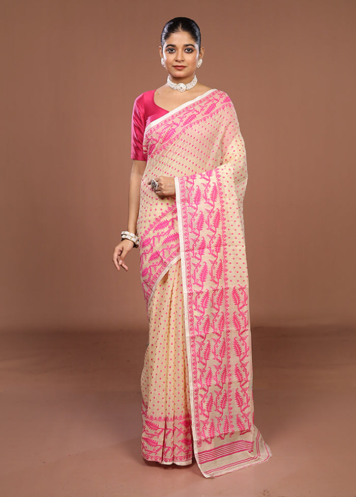 Cream Jamdani Cotton Saree Without Blouse Piece