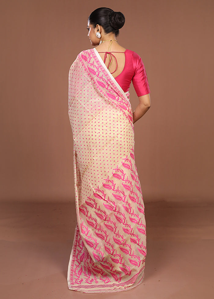 Cream Jamdani Cotton Saree Without Blouse Piece