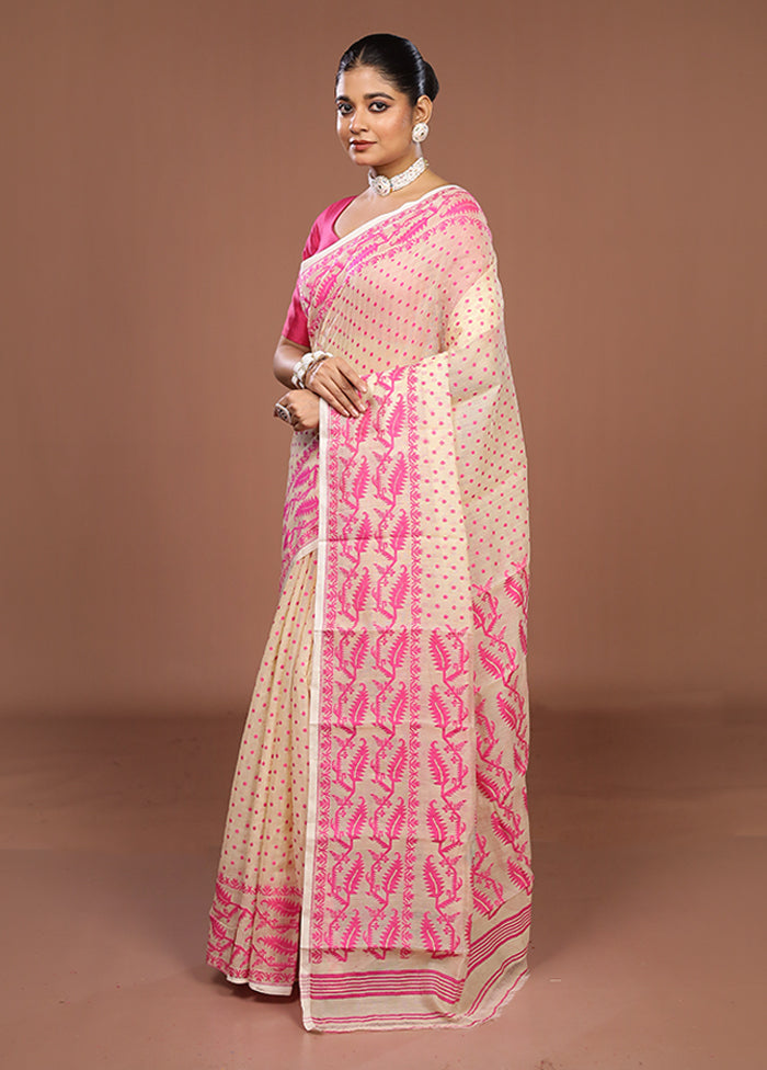 Cream Jamdani Cotton Saree Without Blouse Piece
