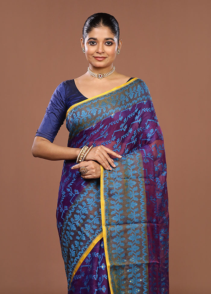 Purple Jamdani Cotton Saree Without Blouse Piece