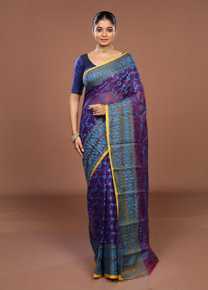 Purple Jamdani Cotton Saree Without Blouse Piece