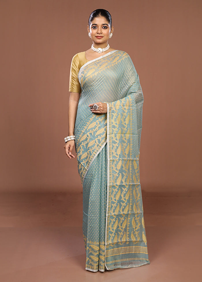 Blue Jamdani Cotton Saree Without Blouse Piece