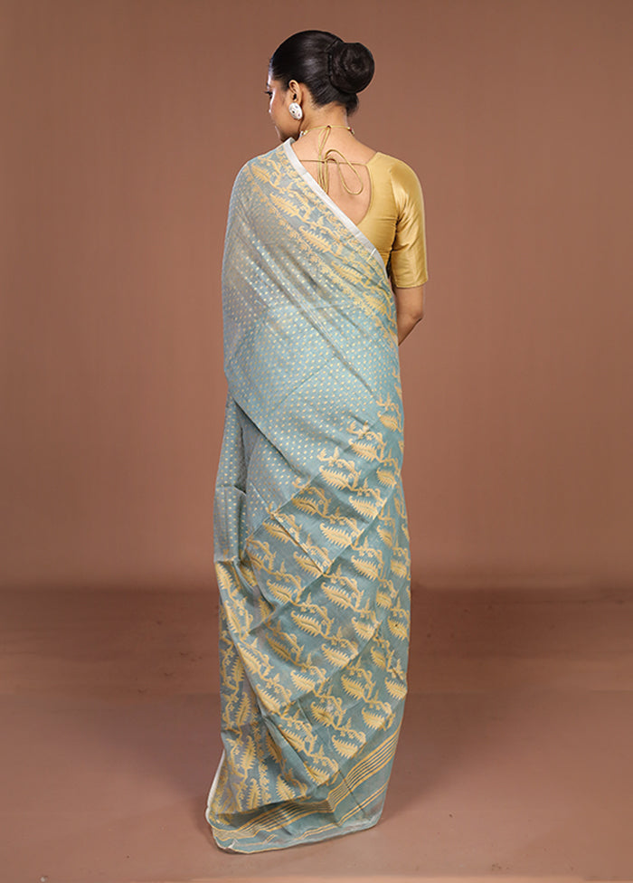 Blue Jamdani Cotton Saree Without Blouse Piece