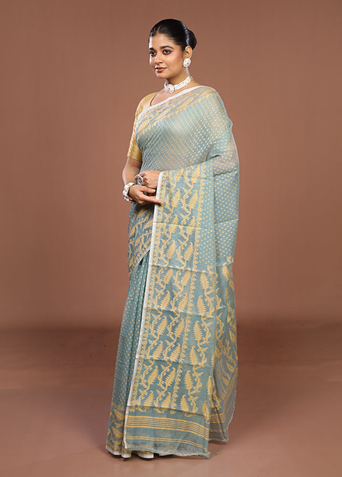 Blue Jamdani Cotton Saree Without Blouse Piece