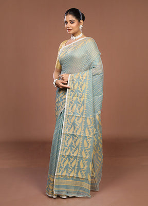 Blue Jamdani Cotton Saree Without Blouse Piece
