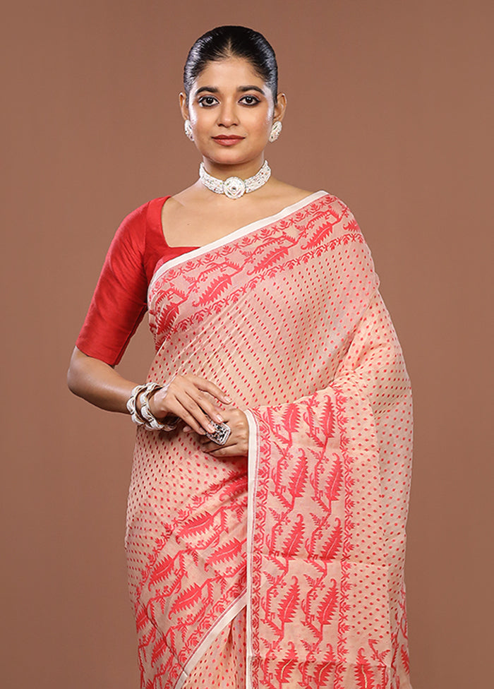 Cream Jamdani Cotton Saree Without Blouse Piece