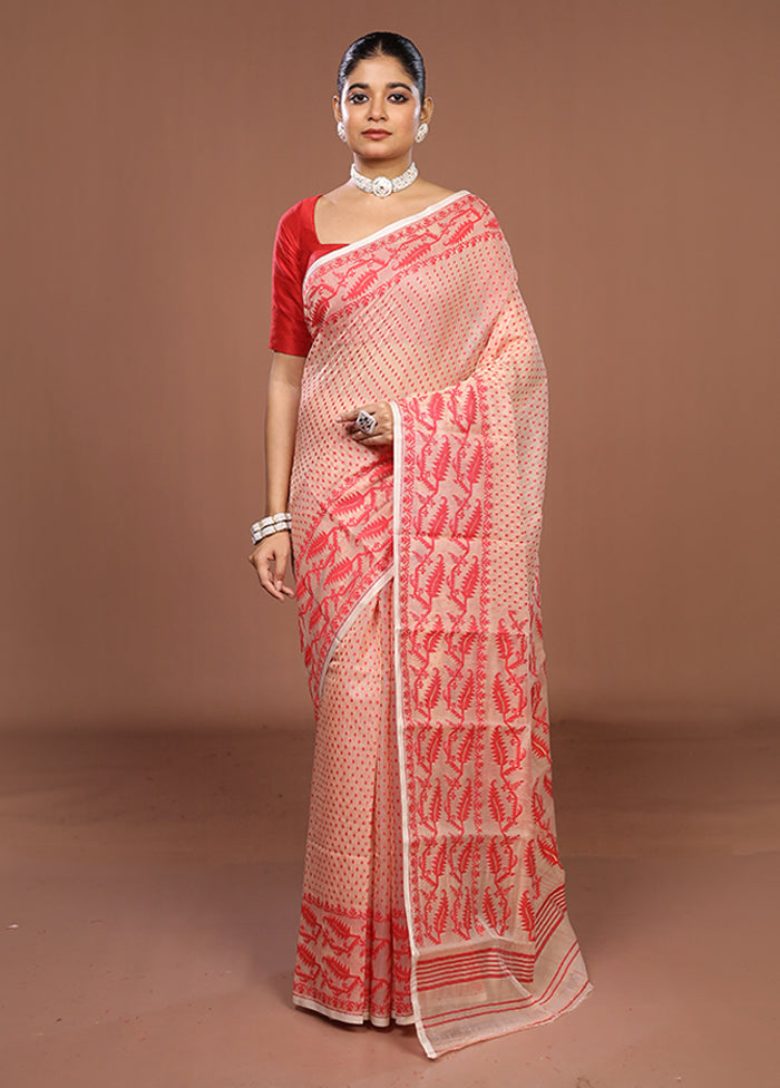 Cream Jamdani Cotton Saree Without Blouse Piece