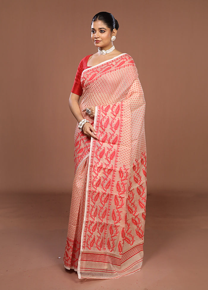 Cream Jamdani Cotton Saree Without Blouse Piece