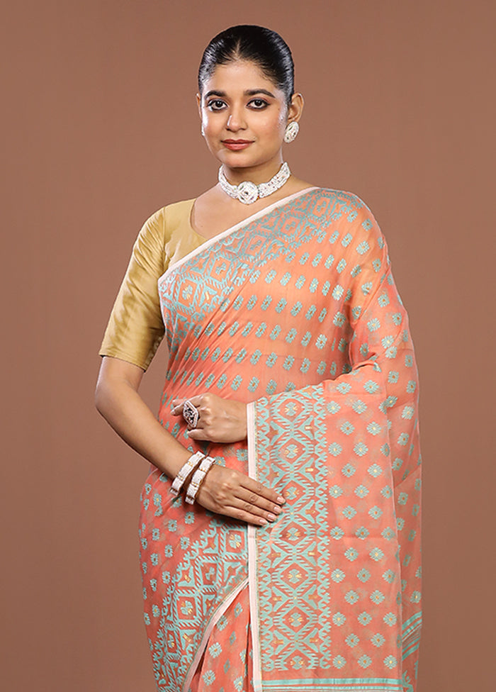 Peach Jamdani Cotton Saree Without Blouse Piece