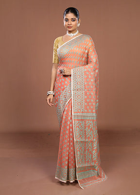 Peach Jamdani Cotton Saree Without Blouse Piece