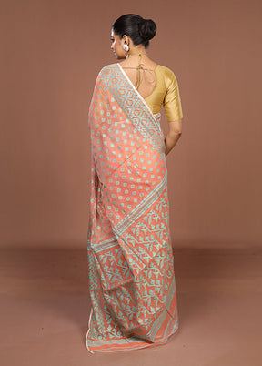Peach Jamdani Cotton Saree Without Blouse Piece