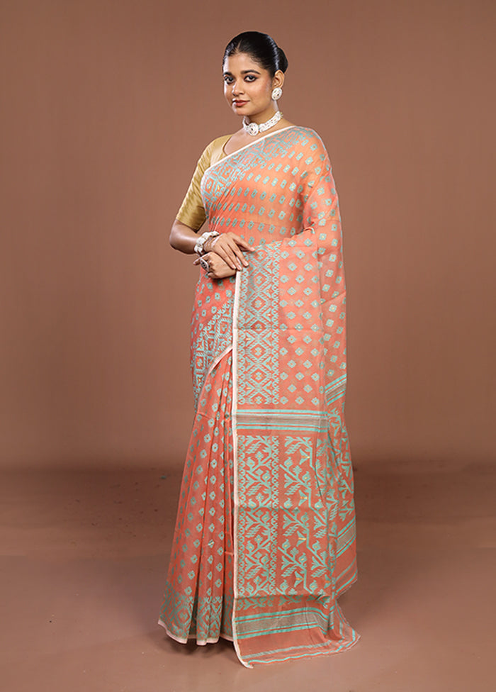 Peach Jamdani Cotton Saree Without Blouse Piece