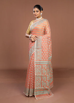 Peach Jamdani Cotton Saree Without Blouse Piece