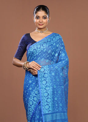Blue Jamdani Cotton Saree Without Blouse Piece