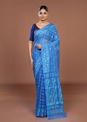 Blue Jamdani Cotton Saree Without Blouse Piece