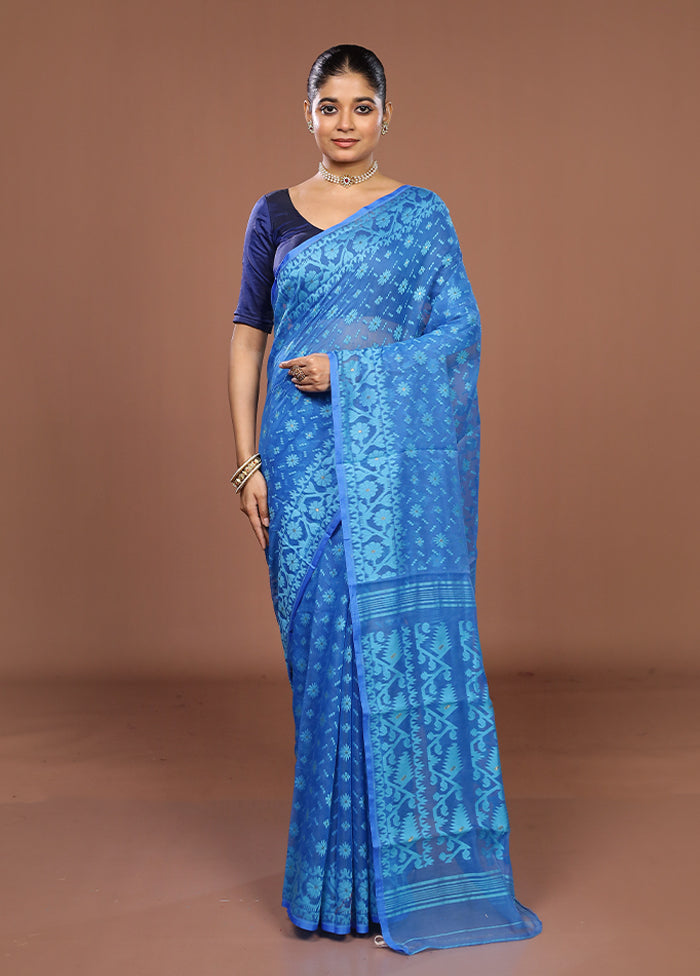 Blue Jamdani Cotton Saree Without Blouse Piece